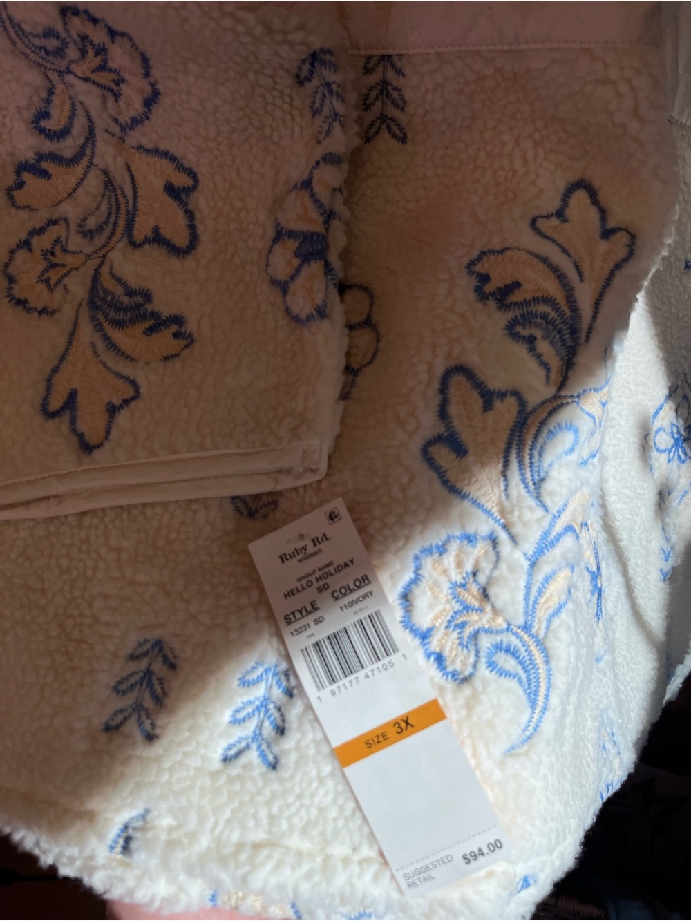 Ruby Rd. White Sherpa Jacket with Blue Floral Embroidery - Picture 8 of 8